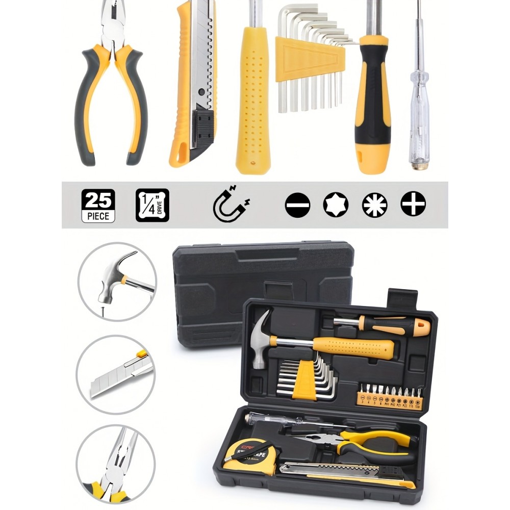 Boîte à outils 25 pièces pratique portable compacte avec les outils essentiels - Jaune