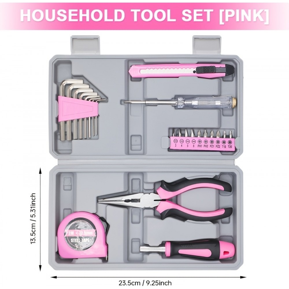 Boîte à outils pour fille / femme (23 pièces) pliable et compact avec tous les outils essentiels - Rose