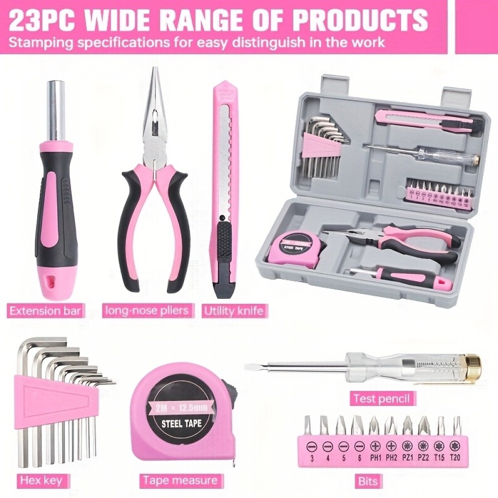 Boîte à outils pour fille / femme (23 pièces) pliable et compact avec tous les outils essentiels - Rose