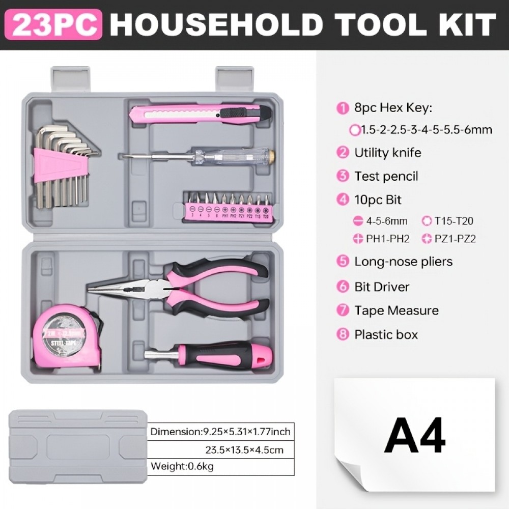 Boîte à outils pour fille / femme (23 pièces) pliable et compact avec tous les outils essentiels - Rose