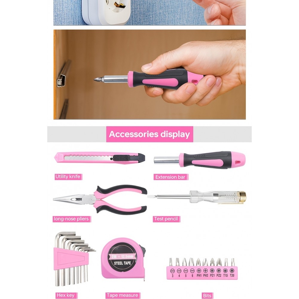 Boîte à outils pour fille / femme (23 pièces) pliable et compact avec tous les outils essentiels - Rose