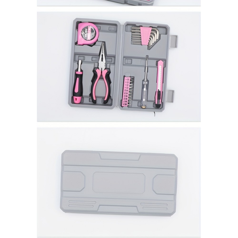 Boîte à outils pour fille / femme (23 pièces) pliable et compact avec tous les outils essentiels - Rose