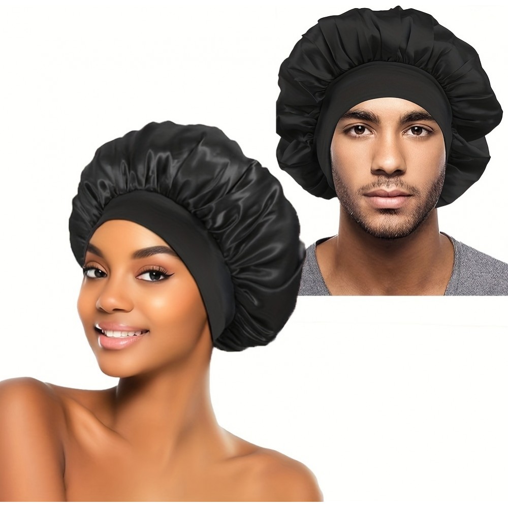 Bonnet de nuit satin unisexe élastique (taille universelle) pour coiffures tous types cheveux - Noir