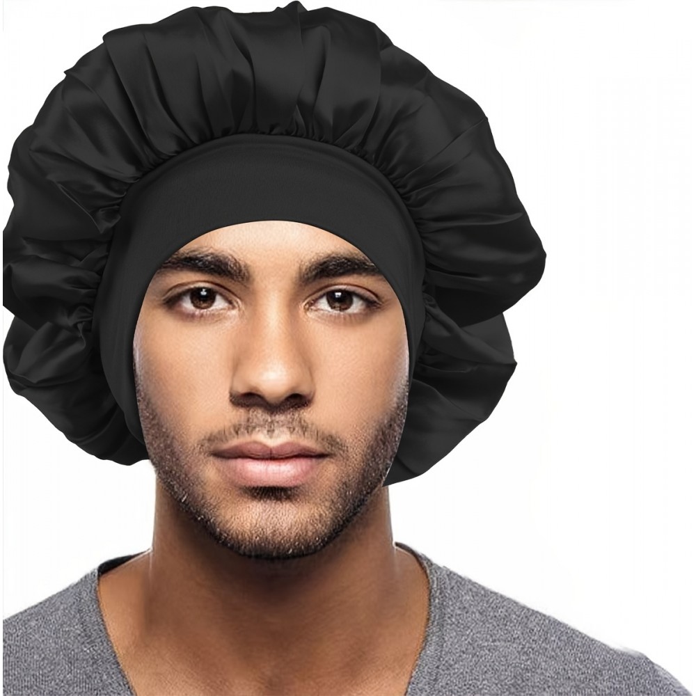 Bonnet de nuit satin unisexe élastique (taille universelle) pour coiffures tous types cheveux - Noir