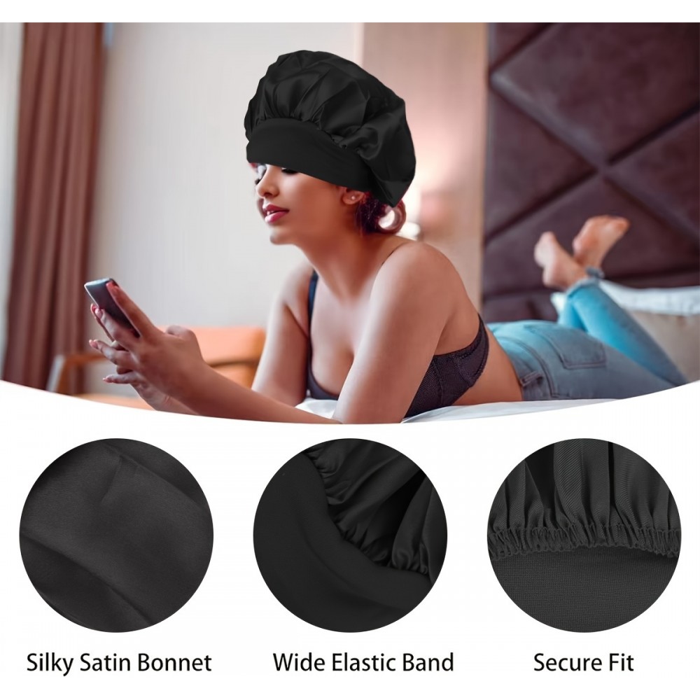 Bonnet de nuit satin unisexe élastique (taille universelle) pour coiffures tous types cheveux - Noir