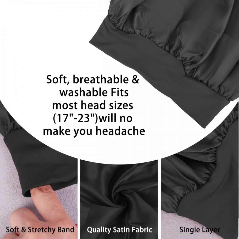 Bonnet de nuit satin unisexe élastique (taille universelle) pour coiffures tous types cheveux - Noir
