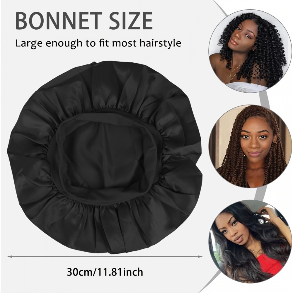 Bonnet de nuit satin unisexe élastique (taille universelle) pour coiffures tous types cheveux - Noir
