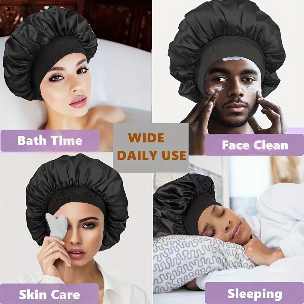 Bonnet de nuit satin unisexe élastique (taille universelle) pour coiffures tous types cheveux - Noir