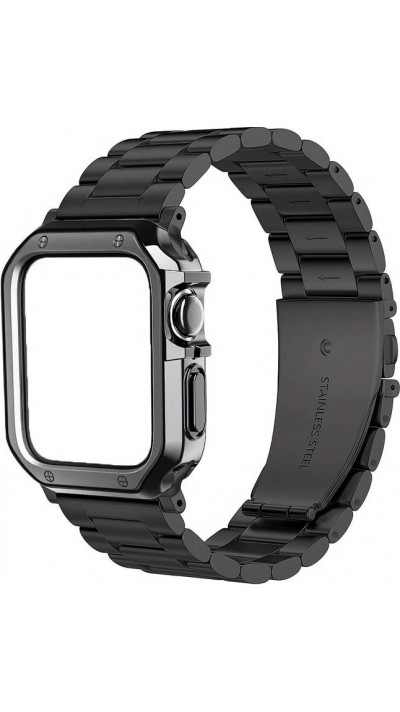 Edles Metallarmband mit integrierter TPU Silikon Schutzhülle für Apple Watch 42/44/45 mm- Schwarz