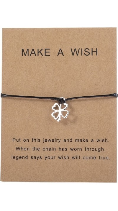 Universalarmband Kleeblatt "Make a Wish" mit Kunstlederkordel - Schwarz