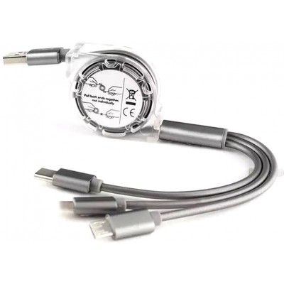 3 in 1 Multi-Anschluss Ladekabel zusammenrollend mit Micro-USB, USB-C und Lightning - Silber