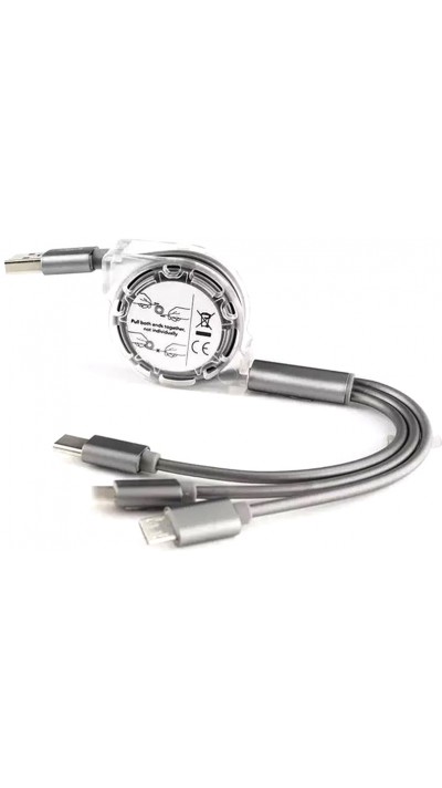 3 in 1 Multi-Anschluss Ladekabel zusammenrollend mit Micro-USB, USB-C und Lightning - Silber