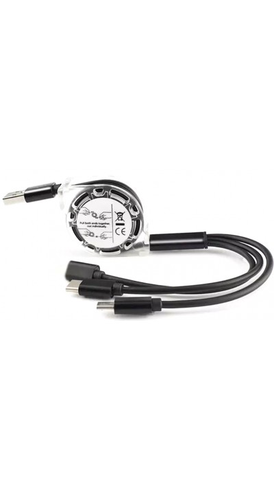 3 in 1 Multi-Anschluss Ladekabel zusammenrollend mit Micro-USB, USB-C und Lightning - Schwarz