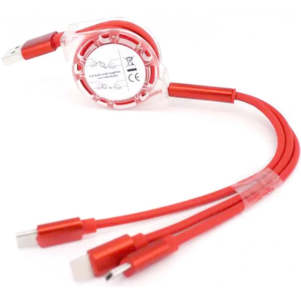 3 in 1 Multi-Anschluss Ladekabel zusammenrollend mit Micro-USB, USB-C und Lightning - Rot