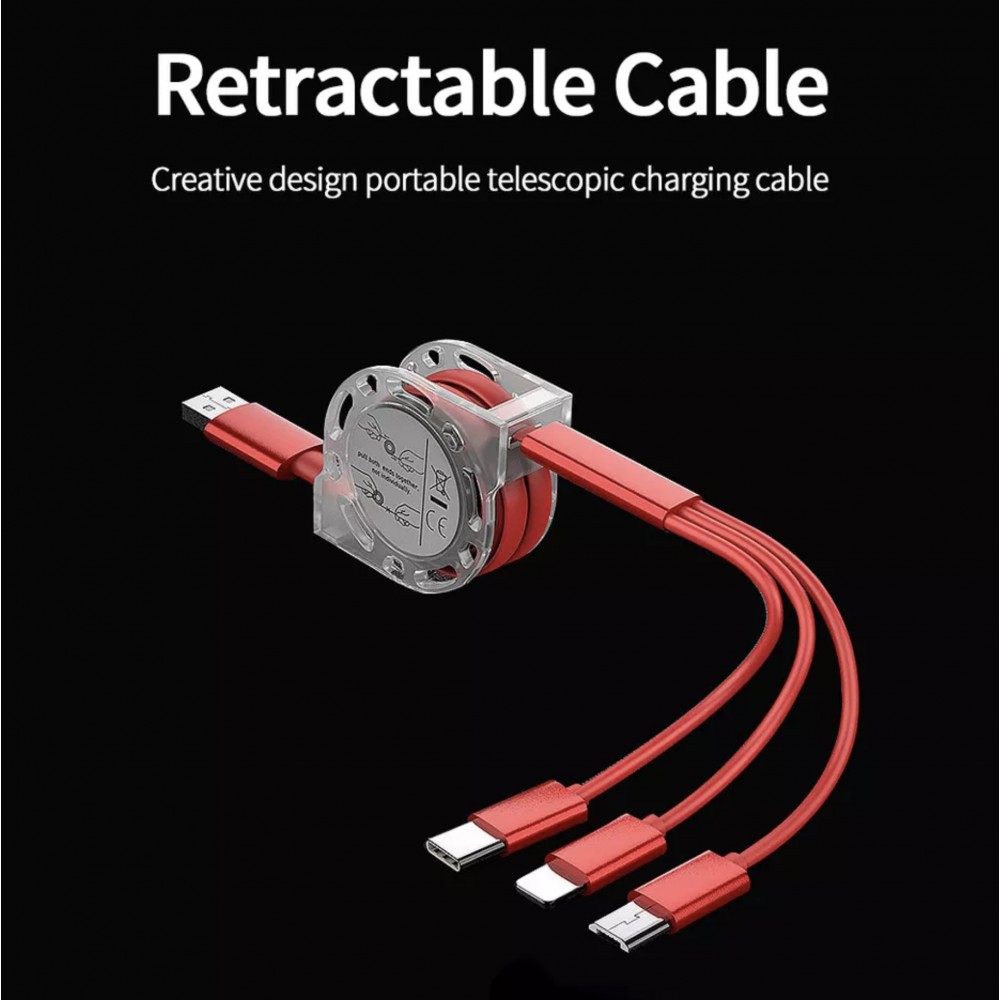 3 in 1 Multi-Anschluss Ladekabel zusammenrollend mit Micro-USB, USB-C und Lightning - Rot