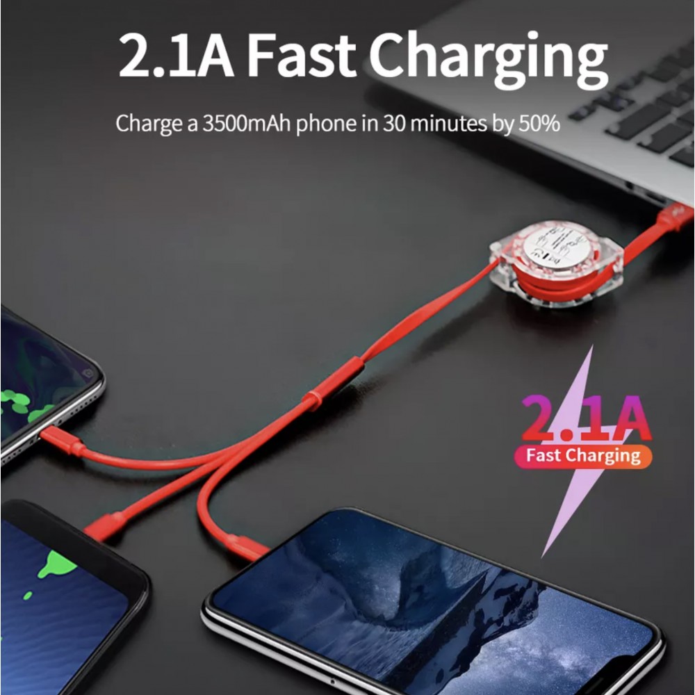 3 in 1 Multi-Anschluss Ladekabel zusammenrollend mit Micro-USB, USB-C und Lightning - Rot