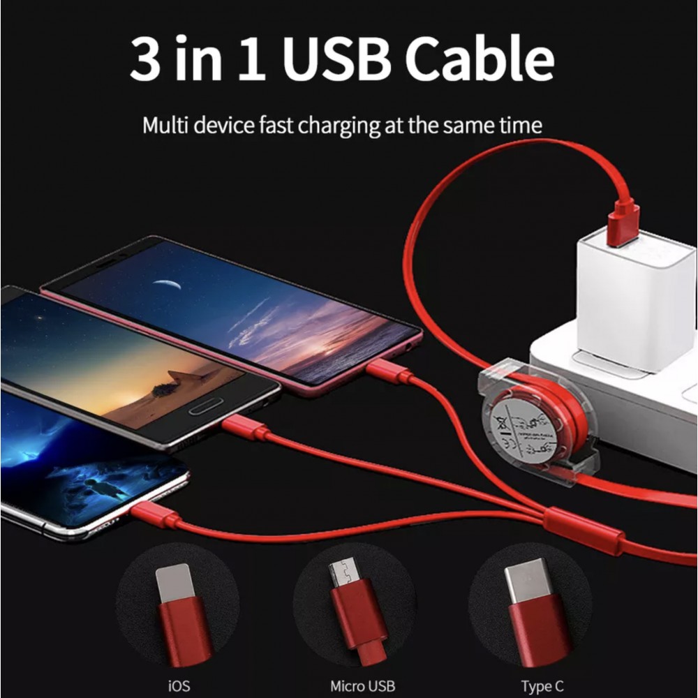 3 in 1 Multi-Anschluss Ladekabel zusammenrollend mit Micro-USB, USB-C und Lightning - Rot
