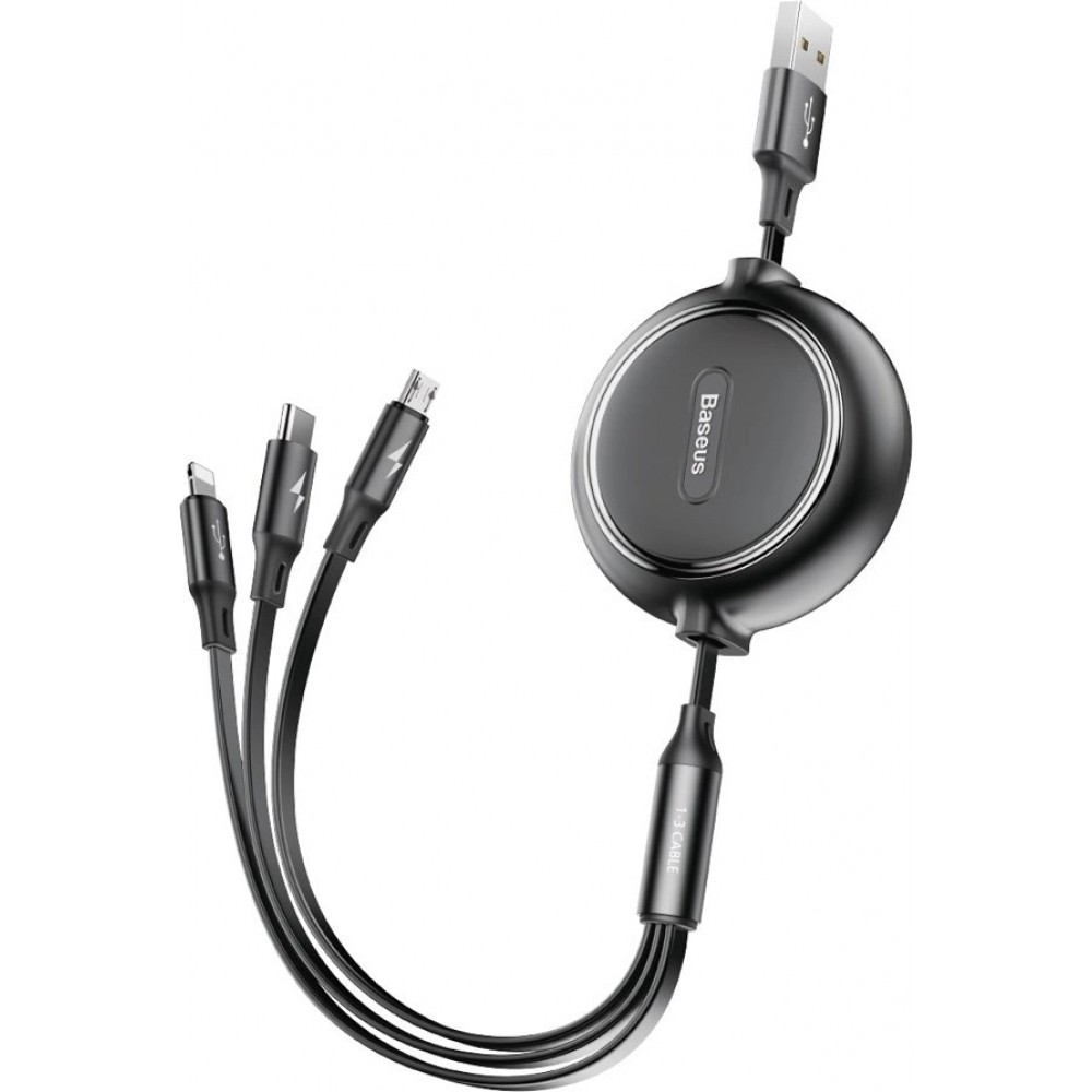Câble Extensible 3 en 1 Baseus Golden Loop USB - Micro USB / Lightning / USB-C (3.5A) 35cm - 120cm (CAMLT-JH01) - Noir