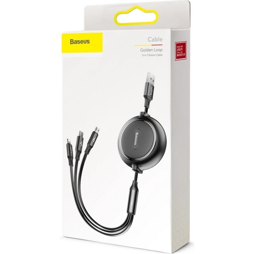 Câble Extensible 3 en 1 Baseus Golden Loop USB - Micro USB / Lightning / USB-C (3.5A) 35cm - 120cm (CAMLT-JH01) - Noir