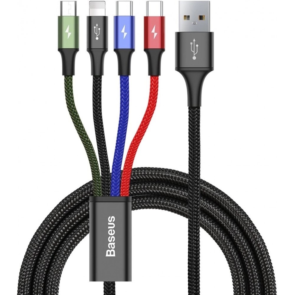 Câble USB 4 en 1 (1x Lightning, 2x USB-C, 1x Micro USB) tressé nylon 3.5A (1.2 m) - Noir
