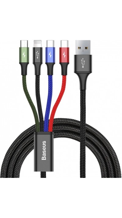 USB-Kabel 4 in 1 (1x Lightning, 2x USB-C, 1x Micro USB) geflochten Nylon 3.5A (1.2 m) - Schwarz
