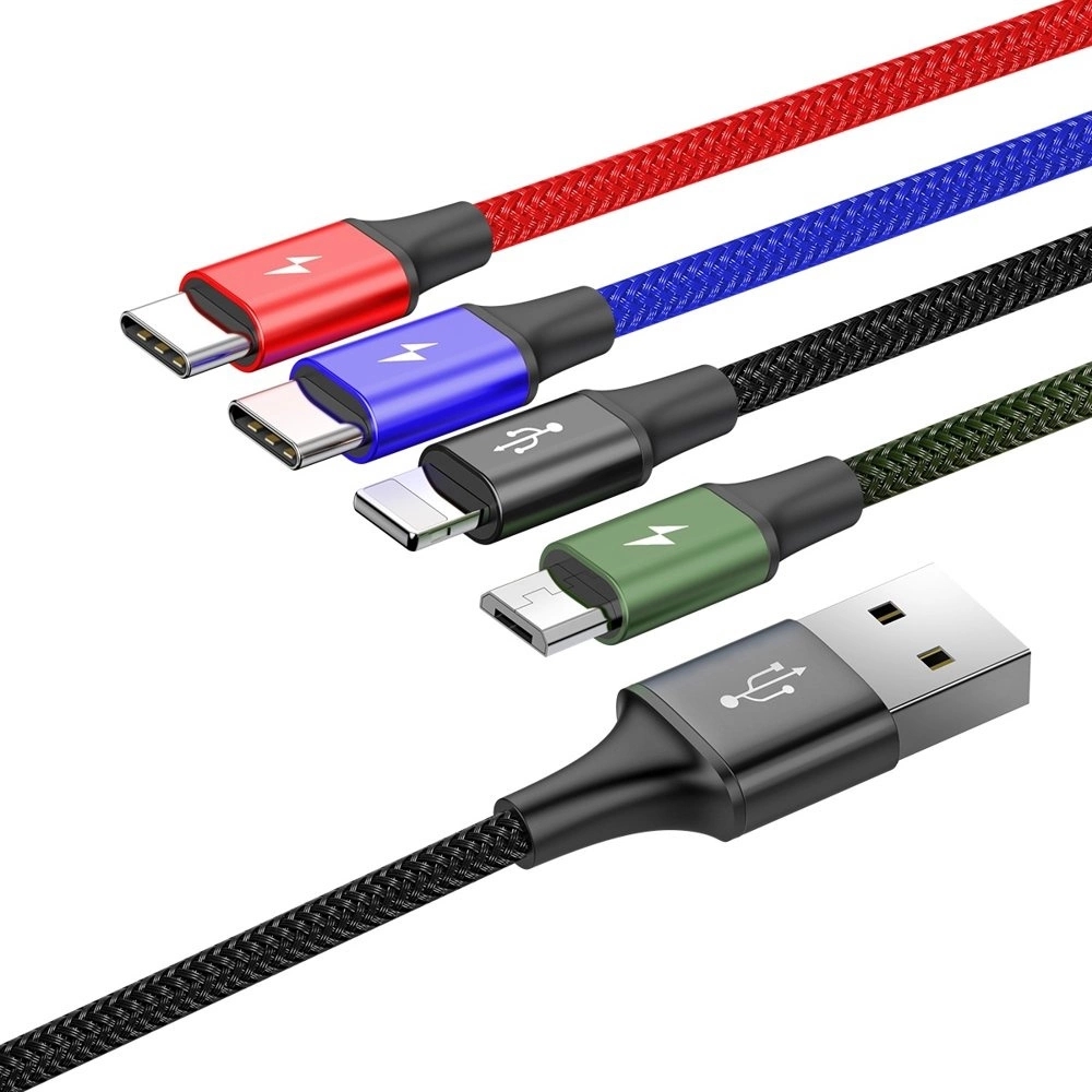 Câble USB 4 en 1 (1x Lightning, 2x USB-C, 1x Micro USB) tressé nylon 3.5A (1.2 m) - Noir