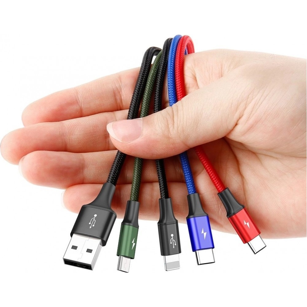 Câble USB 4 en 1 (1x Lightning, 2x USB-C, 1x Micro USB) tressé nylon 3.5A (1.2 m) - Noir