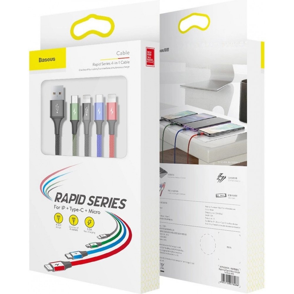 Câble USB 4 en 1 (1x Lightning, 2x USB-C, 1x Micro USB) tressé nylon 3.5A (1.2 m) - Noir