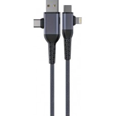 Câble de charge multifonctionnel 4 en 1 en nylon avec connecteur USB-A, USB-C & Lightning 1.8m - Gris