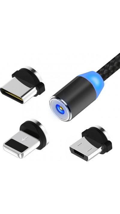3 in 1 Universal LED Ladekabel Nylon USB-C - Lightning - Micro-USB - Schwarz