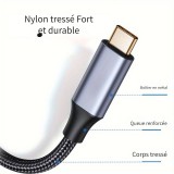 C&acirc;ble extension nylon USB-C (m&acirc;le) vers USB-C (femelle) 2 m&egrave;tres - Noir