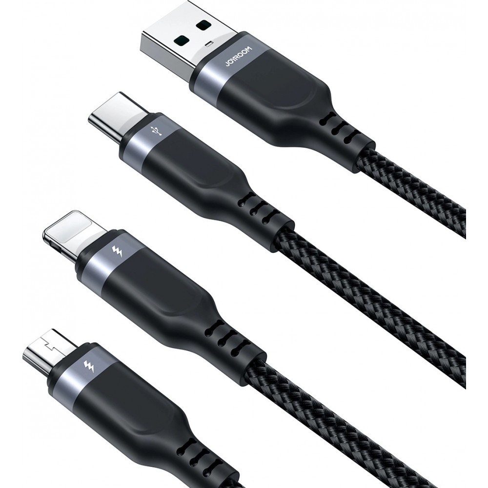 Câble multiple 3 en 1 Nylon USB-A vers Lightning / USB-C / micro USB - Joyroom Multi-Usage S-A18 (30 cm) - Noir