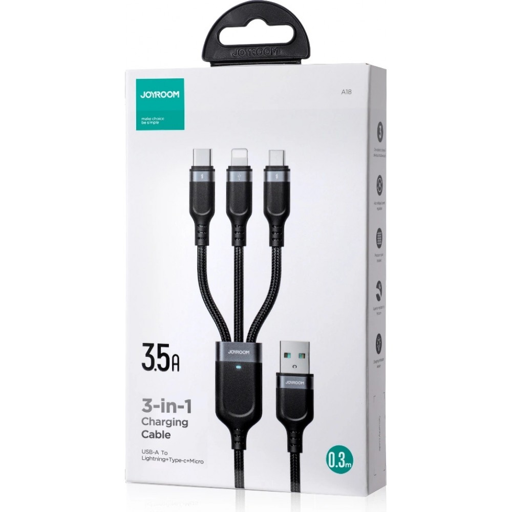 Câble multiple 3 en 1 Nylon USB-A vers Lightning / USB-C / micro USB - Joyroom Multi-Usage S-A18 (30 cm) - Noir