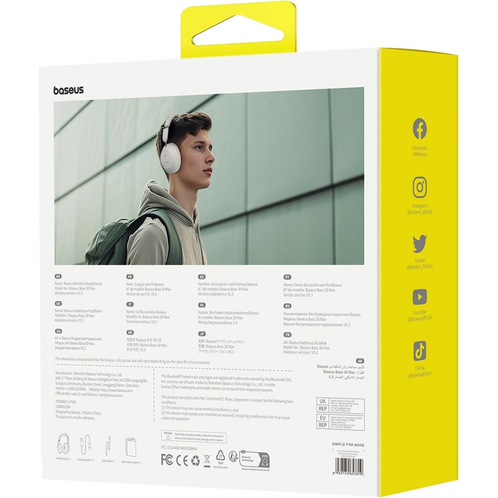 Baseus Bass 30 Max Drahtlose On-Ear Bluetooth 5.3 Kopfhörer Kabellos Hochwertig Soundqualität - Weiss