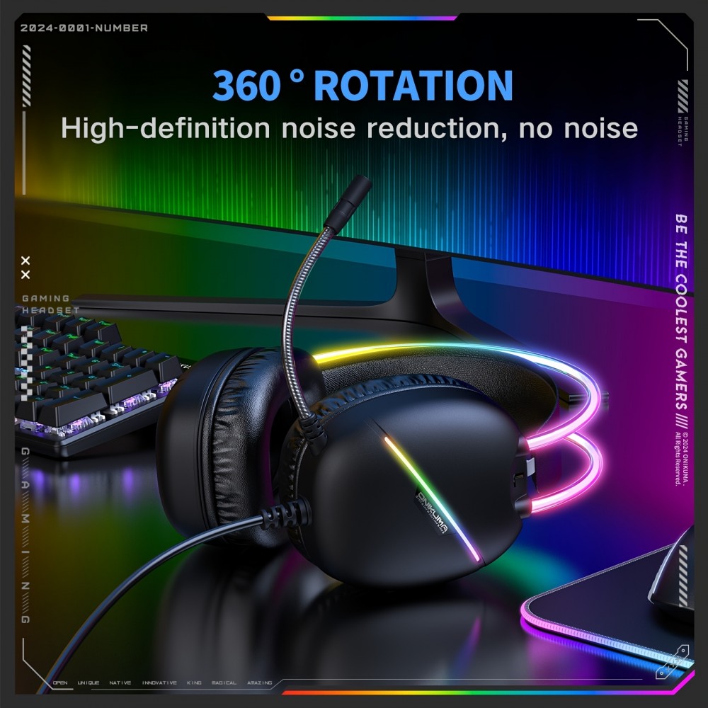 Casque de jeu ONIKUMA sans fil / avec fil avec LED RGB USB-C avec microphone HD pour PC et PS expérience immersive - Noir