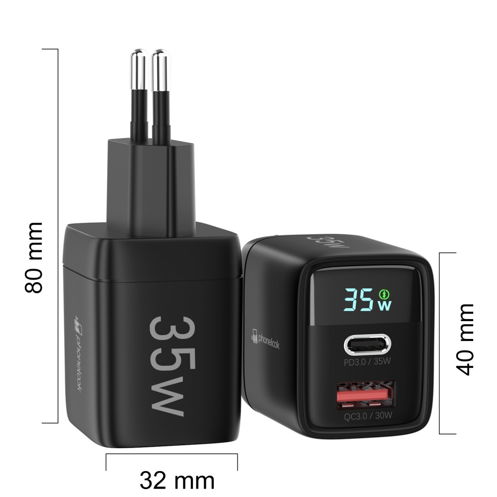 Chargeur USB-A et USB-C GaN/PD3.0 35W avec affichage LED ultra puissant PhoneLook - Noir