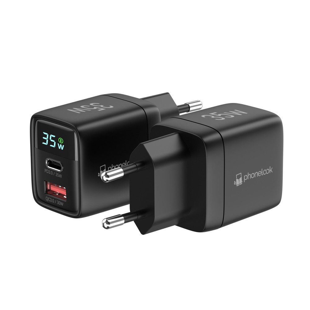 Chargeur USB-A et USB-C GaN/PD3.0 35W avec affichage LED ultra puissant PhoneLook - Noir