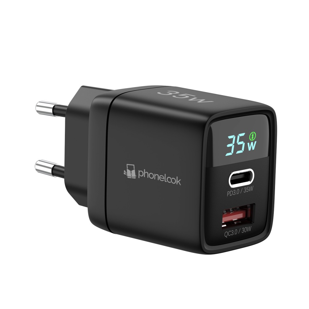 Chargeur USB-A et USB-C GaN/PD3.0 35W avec affichage LED ultra puissant PhoneLook - Noir