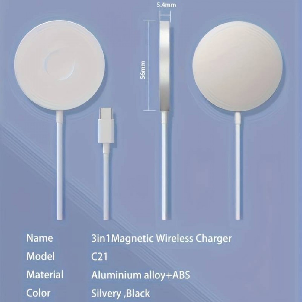 Magnetisches Qi Ladegerät MagSafe 3 in1 wireless charging für iPhone / Apple Watch / AirPods & USB-C - Weiss