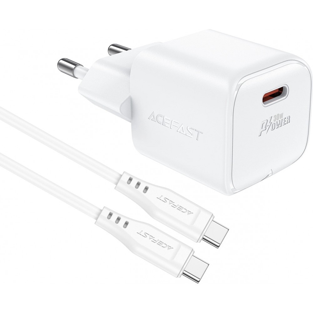 Acefast A77 Mini PD 30W GaN Wandladeger&auml;t USB-C Kabel Schnellladung - Weiss