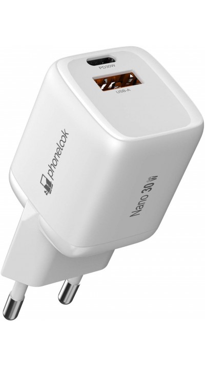 Starkes Ladegerät Nano 30W USB-A und USB-C mit Power Delivery PhoneLook - Weiss