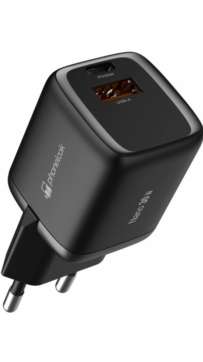 Starkes Ladegerät Nano 30W USB-A und USB-C mit Power Delivery PhoneLook - Schwarz