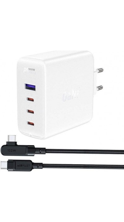 Acefast 100W GaN Schnellladegerät (3x USB-C / 1x USB-A) mit 100W USB-C Winkelkabel (2 m) - Weiss