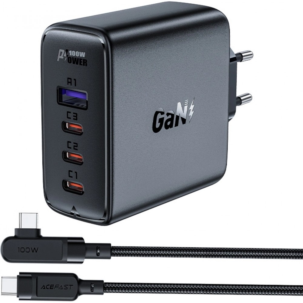 Chargeur rapide Acefast 100W GaN (3x USB-C / 1x USB-A) avec c&acirc;ble angl&eacute; USB-C 100W (2 m) - Noir