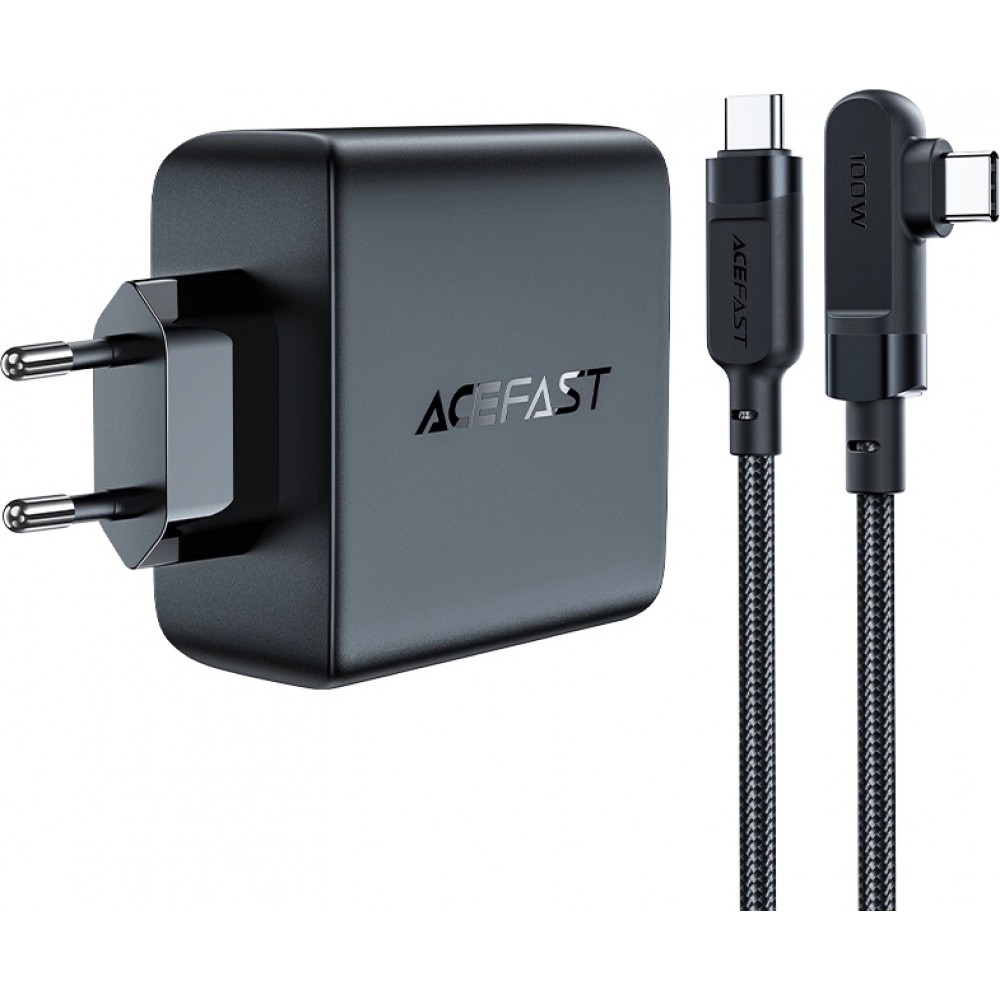 Chargeur rapide Acefast 100W GaN (3x USB-C / 1x USB-A) avec c&acirc;ble angl&eacute; USB-C 100W (2 m) - Noir