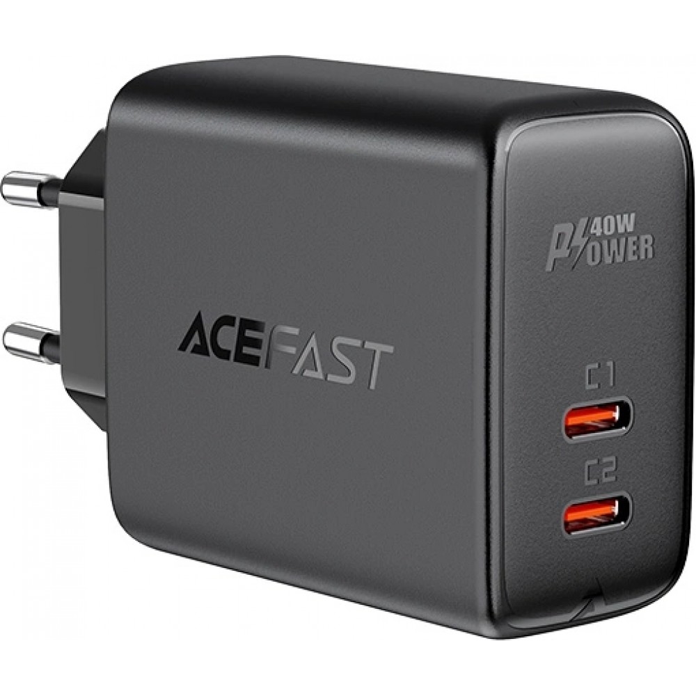 Schnellladegerät Acefast 40W 2x USB-C PPS PD QC 3.0 AFC FCP - Schwarz
