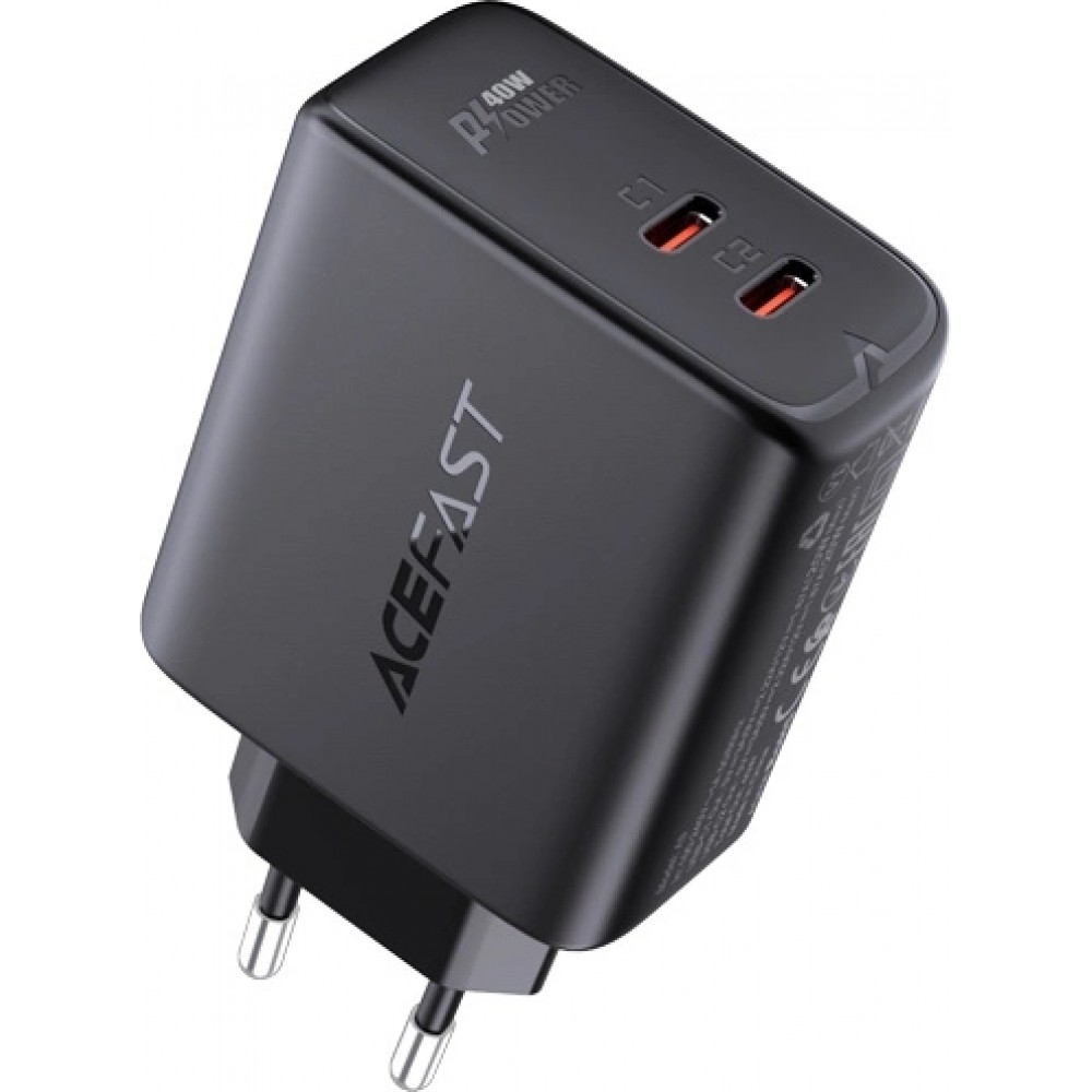 Schnellladegerät Acefast 40W 2x USB-C PPS PD QC 3.0 AFC FCP - Schwarz