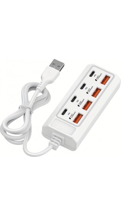 Schnellladegerät Hub 8 USB-Ports (4x USB-A / 4x USB-C) 25W für Smartphone und Tablet - Weiß