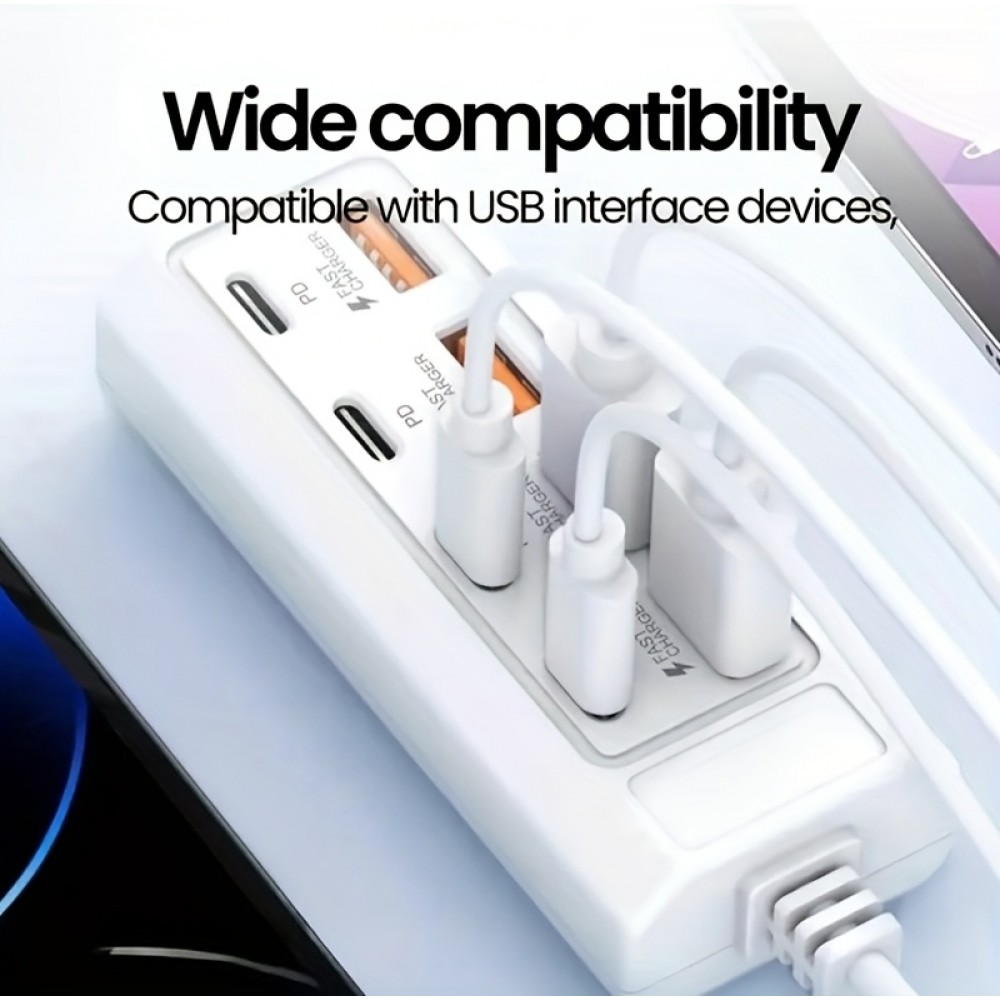 Chargeur rapide hub 8 ports USB (4x USB-A / 4x USB-C) 25W pour t&eacute;l&eacute;phone portable et tablette multi-appareils - Blanc