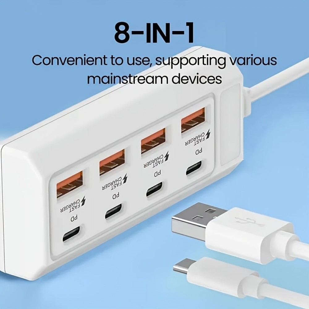 Chargeur rapide hub 8 ports USB (4x USB-A / 4x USB-C) 25W pour t&eacute;l&eacute;phone portable et tablette multi-appareils - Blanc